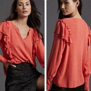 Anthropologie Pilcro Popover Ruffles Top Sweater V Neck Coral Color size S